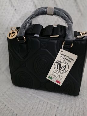 Valentino Orlandi Black Quilted Vegan Leather Satchel with Gold Hardware